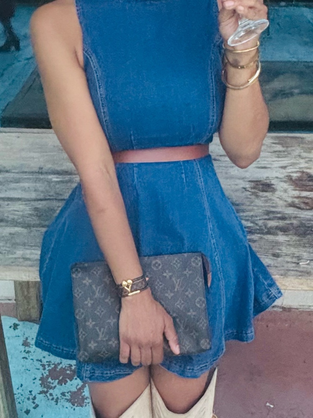 Denim Fit & Flare Mini Dress - Blue Size M & Brown Belt Set